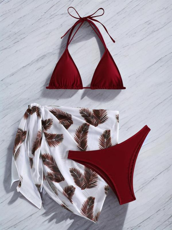 Three-Piece Set Women's Halter Neck Triangle Cup Bikini Top & Swim Panty & Feather Print Cover Up Skirt Swimsuit Sets, Pool Bikinis, Sleeveless Swimwear Set for Beach, Summer Bikini Sets, Bathing Suits 2024, Ladies Summer Clothes