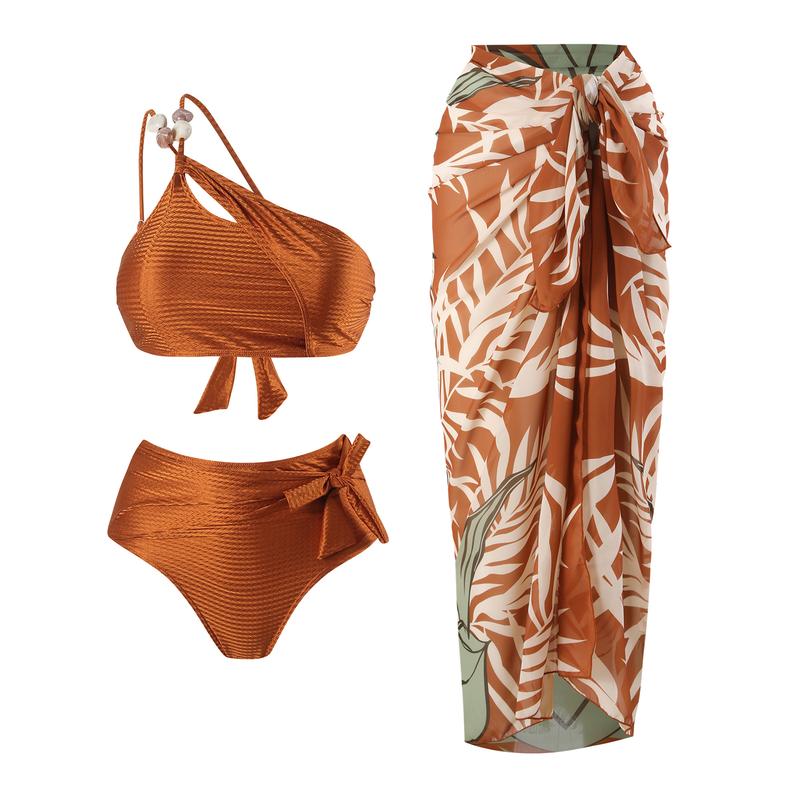 Aprilake Women's Stones Beaded One Shoulder 2 Piece Bikini Set and Printing Sarong