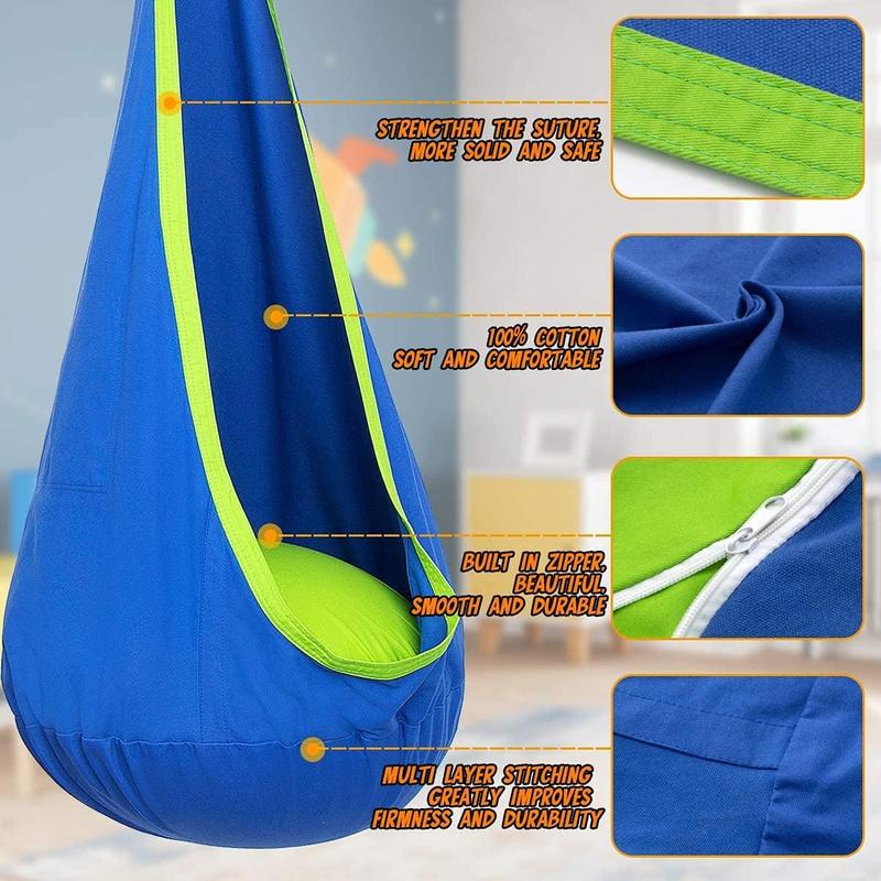 Pod Swing Seat, Hanging Hammock Chair with Inflatable Pillow, Sensory Swing Chair with Pocket for Outdoor and Indoor, Max 176Lbs (Blue and Green)