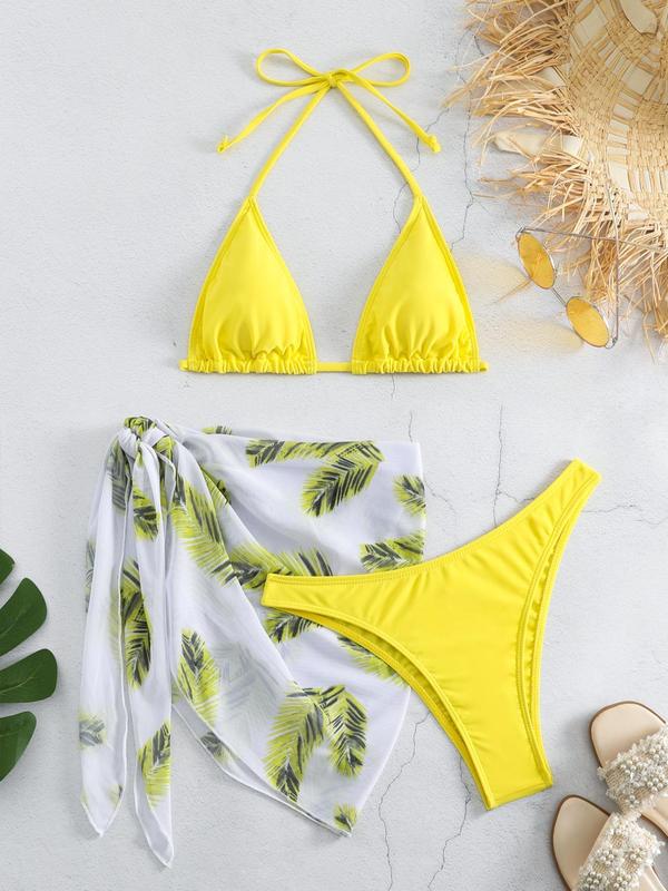 Three-Piece Set Women's Halter Neck Triangle Cup Bikini Top & Swim Panty & Feather Print Cover Up Skirt Swimsuit Sets, Pool Bikinis, Sleeveless Swimwear Set for Beach, Summer Bikini Sets, Bathing Suits 2024, Ladies Summer Clothes