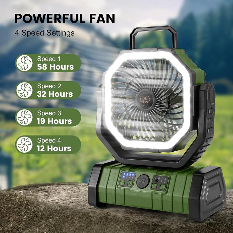 30000mAh Camping Fan with LED Lantern, Rechargeable Battery Operated Oscillating Fan with Remote & Hook, Portable Tent Fan with Timer, 4 Speeds for Outdoor Camp RV Jobsite Power Outage, Green