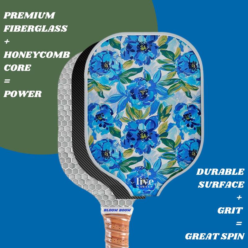 Live Larsen Premium Blue Pickleball Paddle Racket - Honeycomb Core - Large Sweet Spot -Awesome Pop & Spin - Sweatproof Grip - Free Cover - Women - Kids - Great (Bloom Boom)