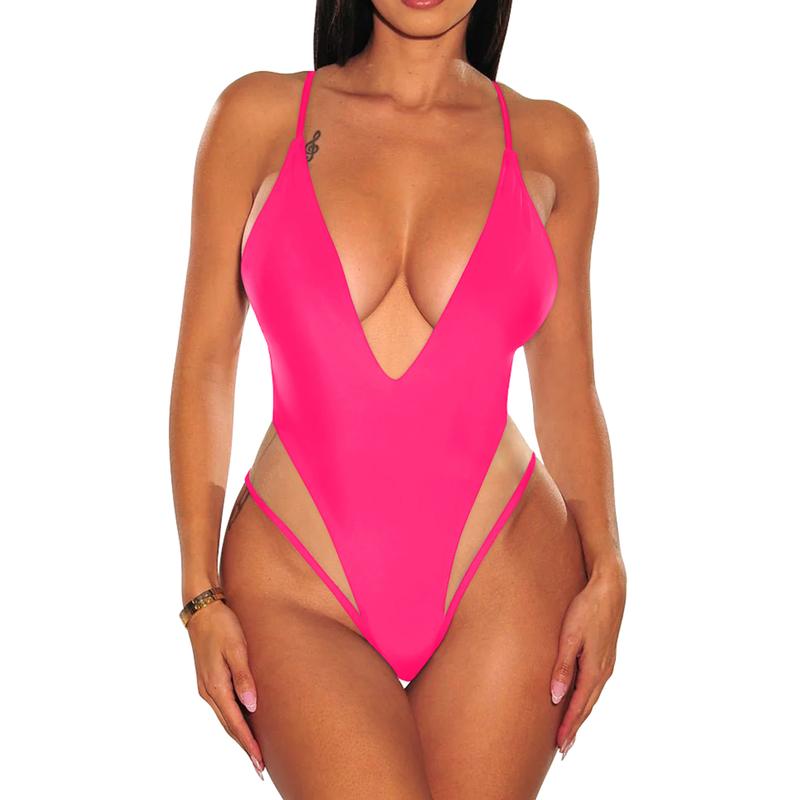 Aprilake Women’s Sexy Spaghetti Adjustable Strap Deep V Neck Backless See-through Mesh Swimsuit