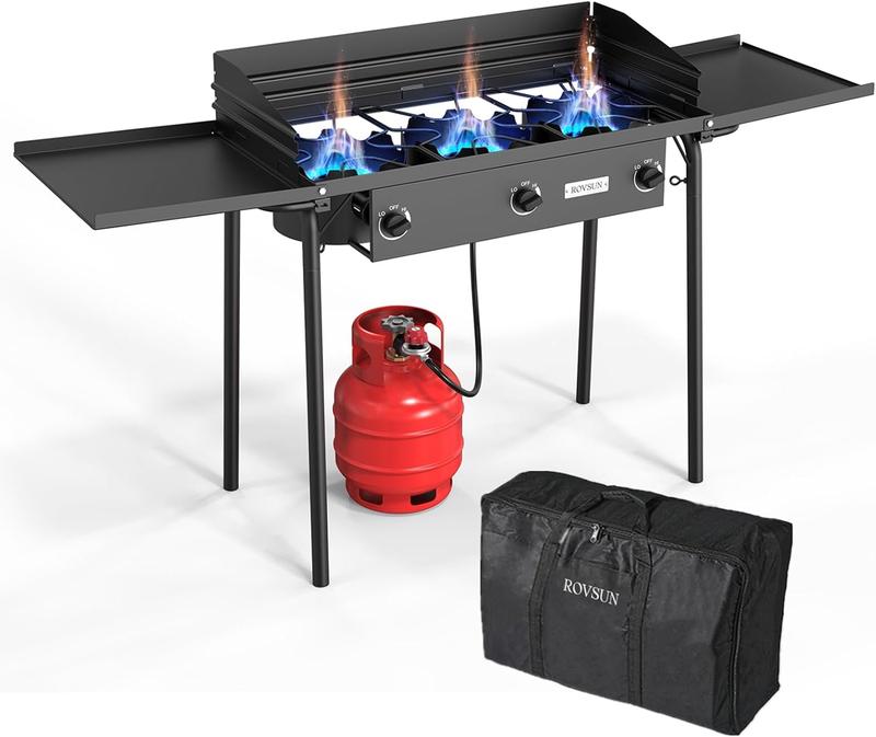 ROVSUN 3 Burner Propane Gas Stove with Side Shelf & Carrying Bag, 225,000BTU Outdoor Burner with Wind Panel & CSA Listed Regulator, Picnic Cooker for Home Patio Cooking Camping Brewing Turkey Frying