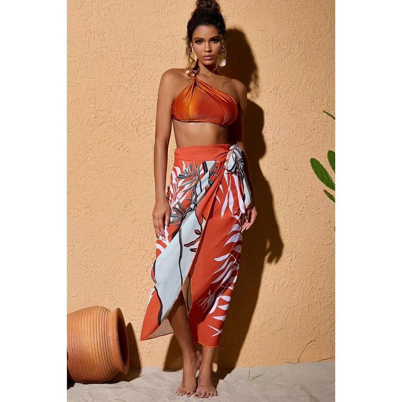 Aprilake Women's Stones Beaded One Shoulder 2 Piece Bikini Set and Printing Sarong