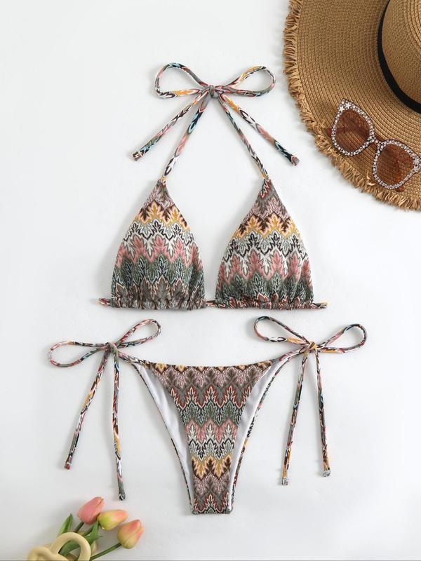 Ethnic Pattern Bikini Set Bikinis for Summer 2024, Tie Back Halter Triangle Swim Bra & Tie Side Swim Thong, Beach Holiday Vacation Swimwear Set for Women