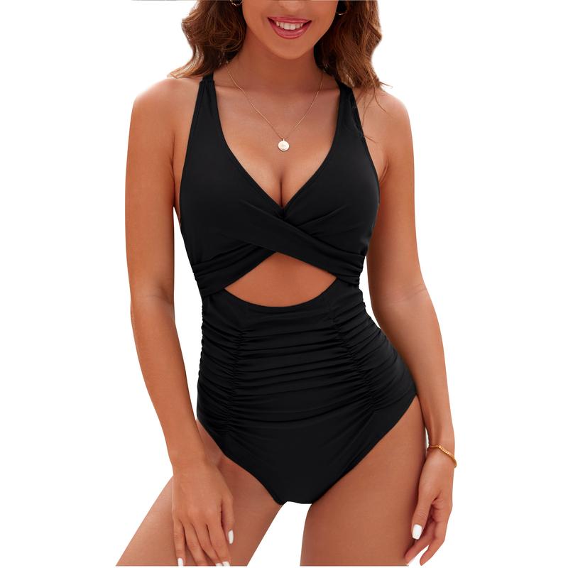 BMJL Womens One Piece Swimsuits Push Up Tummy Control Bathing Suits V Neck Cutout Modest Swimwear