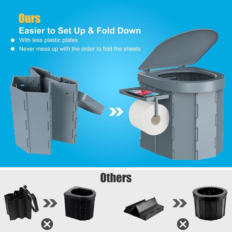 Portable Camping Toilet, Foldable Toilet for Adults with Detachable Phone Shelf and Toilet Paper Holder, Waterproof Porta Potty with Lid for Camping, Hiking, RV Travel, Road Trips