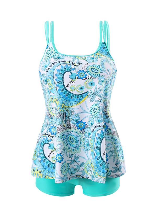 Women's Ethnic Paisley Print Tankini Set, Casual Spaghetti Strap Swim Top & High Waist Swim Shorts, Two-piece Swimsuit for Summer Beach Holiday Vacation