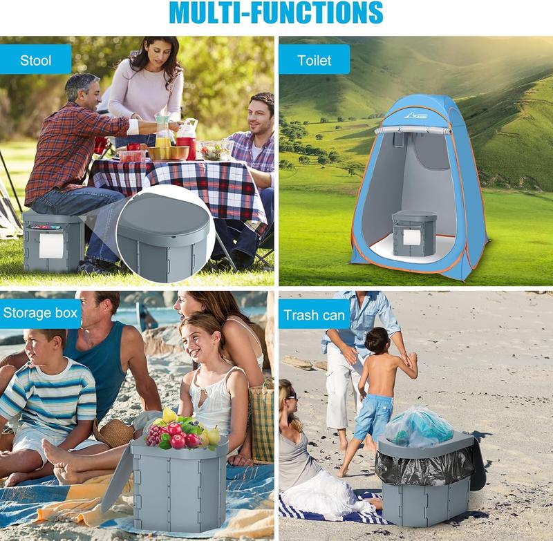 Portable Camping Toilet, Foldable Toilet for Adults with Detachable Phone Shelf and Toilet Paper Holder, Waterproof Porta Potty with Lid for Camping, Hiking, RV Travel, Road Trips