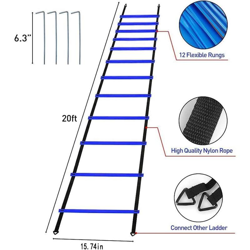 Pro Speed & Agility Training Set Includes 12 Rung 20ft Adjustable Agility Ladder with Carrying Bag, 12 Disc Cones, 4 Steel Stakes, 1 Resistance Parachute, Use Equipment to Improve Footwork Any Sport