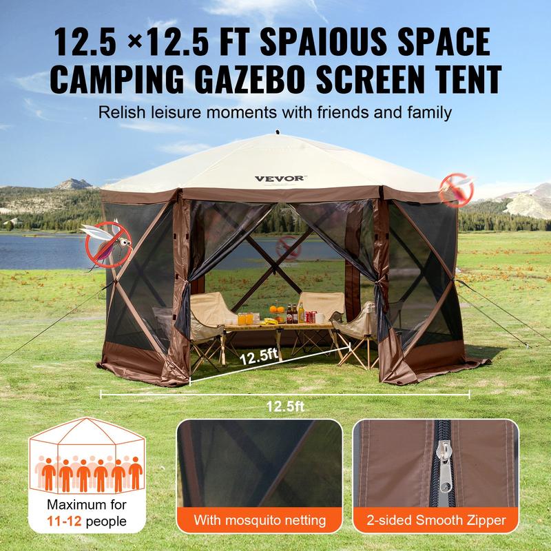 VEVOR Pop Up Gazebo Tent, Pop-Up Screen Tent 6 Sided Canopy Sun Shelter with 6 Removable Privacy Wind Cloths & Mesh Windows, 12.5x12.5FT Quick Set Screen Tent with Mosquito Netting