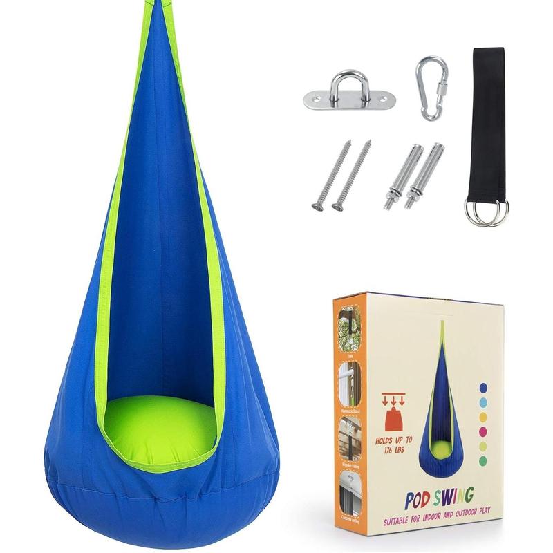 Pod Swing Seat, Hanging Hammock Chair with Inflatable Pillow, Sensory Swing Chair with Pocket for Outdoor and Indoor, Max 176Lbs (Blue and Green)