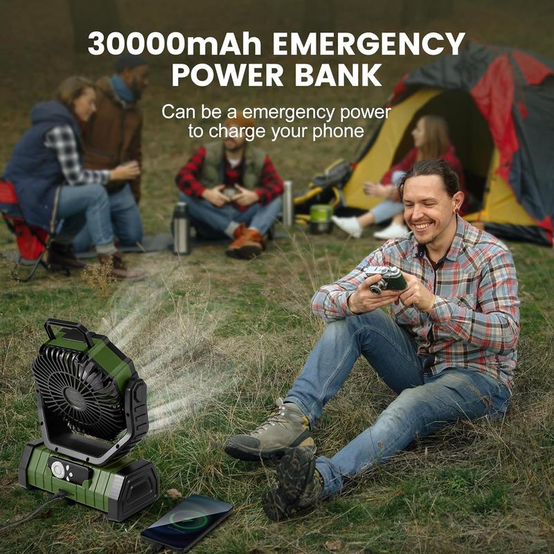 30000mAh Camping Fan with LED Lantern, Rechargeable Battery Operated Oscillating Fan with Remote & Hook, Portable Tent Fan with Timer, 4 Speeds for Outdoor Camp RV Jobsite Power Outage, Green