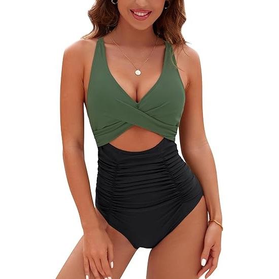 BMJL Womens One Piece Swimsuits Push Up Tummy Control Bathing Suits V Neck Cutout Modest Swimwear