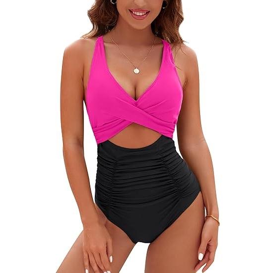 BMJL Womens One Piece Swimsuits Push Up Tummy Control Bathing Suits V Neck Cutout Modest Swimwear