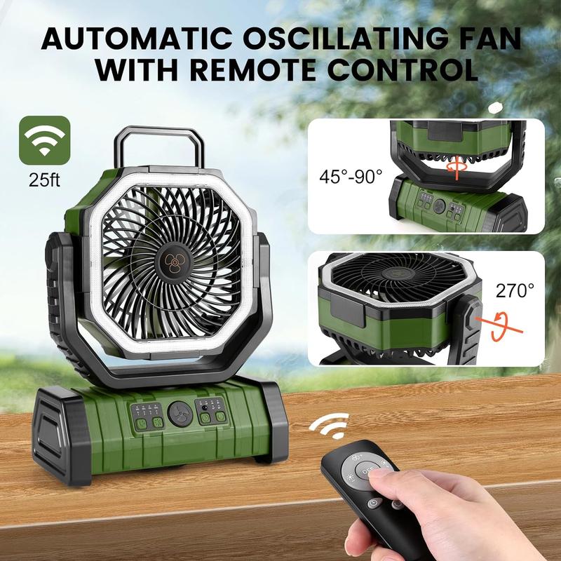 30000mAh Camping Fan with LED Lantern, Rechargeable Battery Operated Oscillating Fan with Remote & Hook, Portable Tent Fan with Timer, 4 Speeds for Outdoor Camp RV Jobsite Power Outage, Green