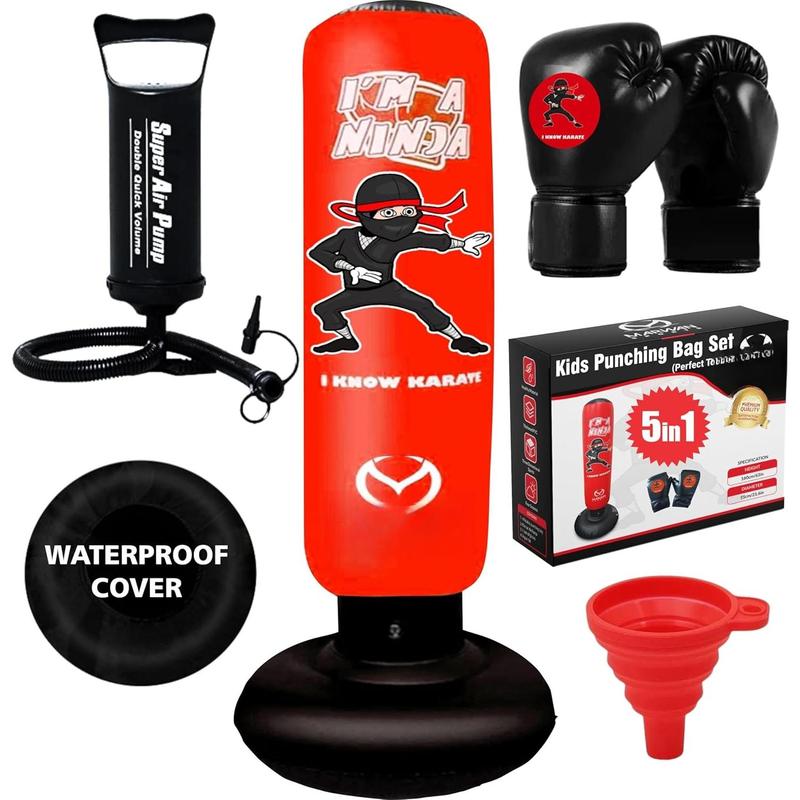 2024 Upgraded 5-in-1  Punching Bag Set - Inflatable Boxing Bag  with Instant Bounce , Gloves, Air Pump, Protective Base Cover & Funnel, Gift for Boys  3-12