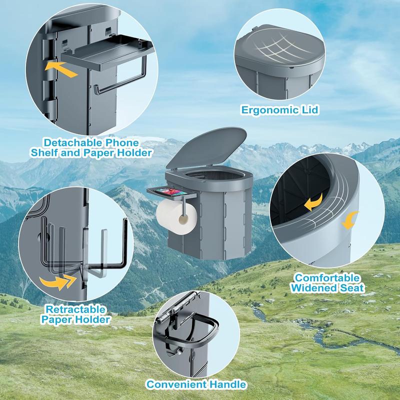 Portable Camping Toilet, Foldable Toilet for Adults with Detachable Phone Shelf and Toilet Paper Holder, Waterproof Porta Potty with Lid for Camping, Hiking, RV Travel, Road Trips