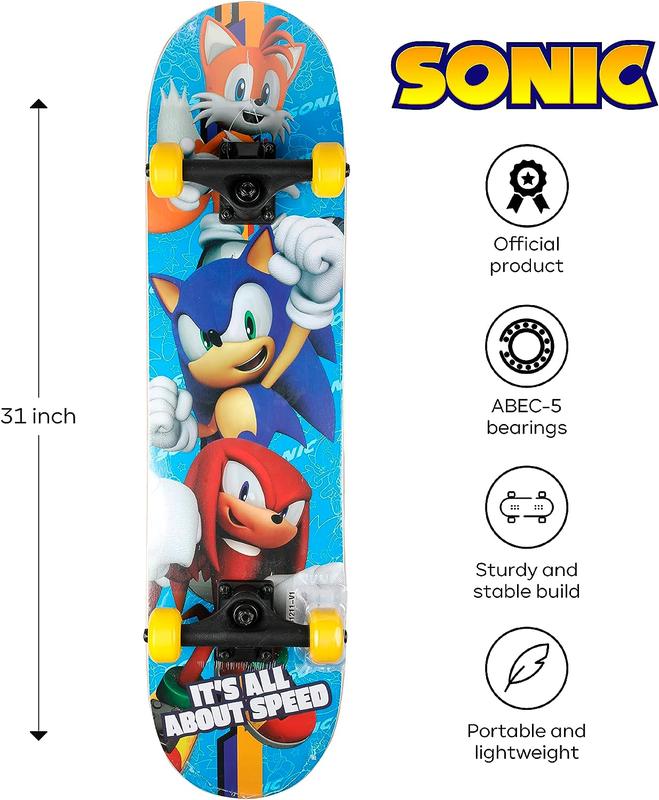 Sonic The Hedgehog Character Skateboards - Cruiser Skateboard with ABEC 5 Bearings, Durable Deck, Smooth Wheels (Choose from Sonic, Knuckles, Tails)