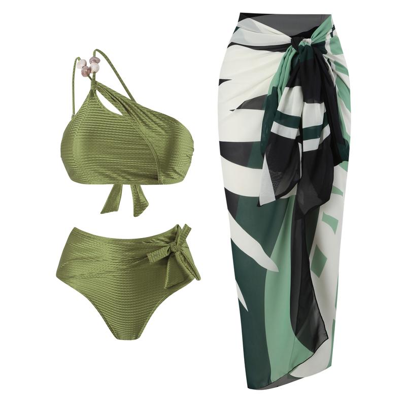 Aprilake Women's Stones Beaded One Shoulder 2 Piece Bikini Set and Printing Sarong