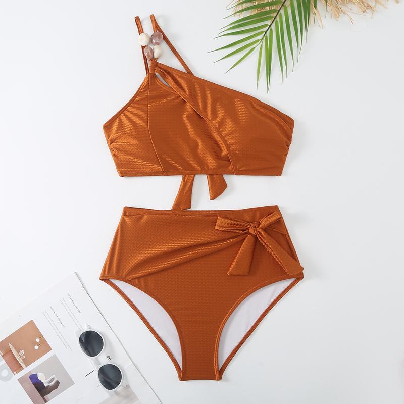 Aprilake Women's Stones Beaded One Shoulder 2 Piece Bikini Set and Printing Sarong