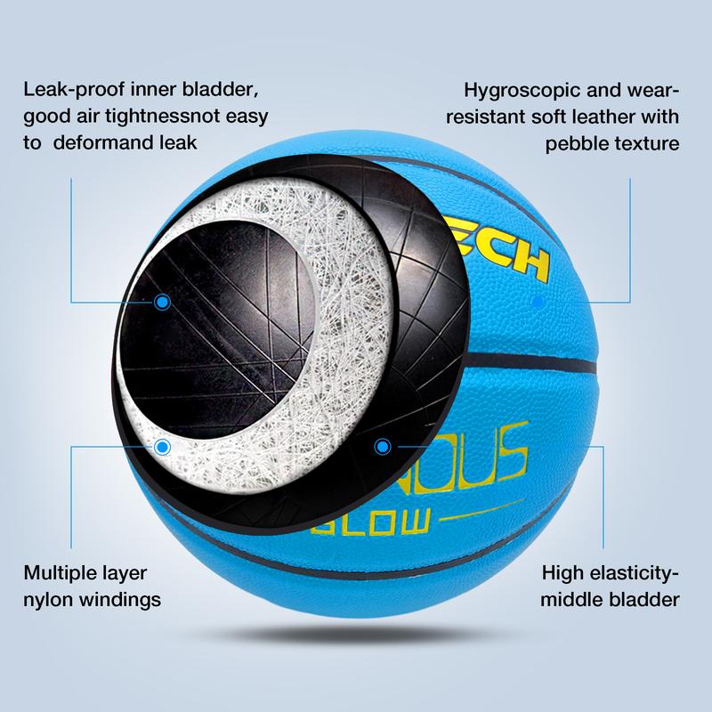 Blue Basketball Glow in The Dark, Cool Glowing Indoor Outdoor Luminous Leather Basketball Size 5, Size 6, Size 7 for Youth, Women, Men (with Pump) womens  hoops