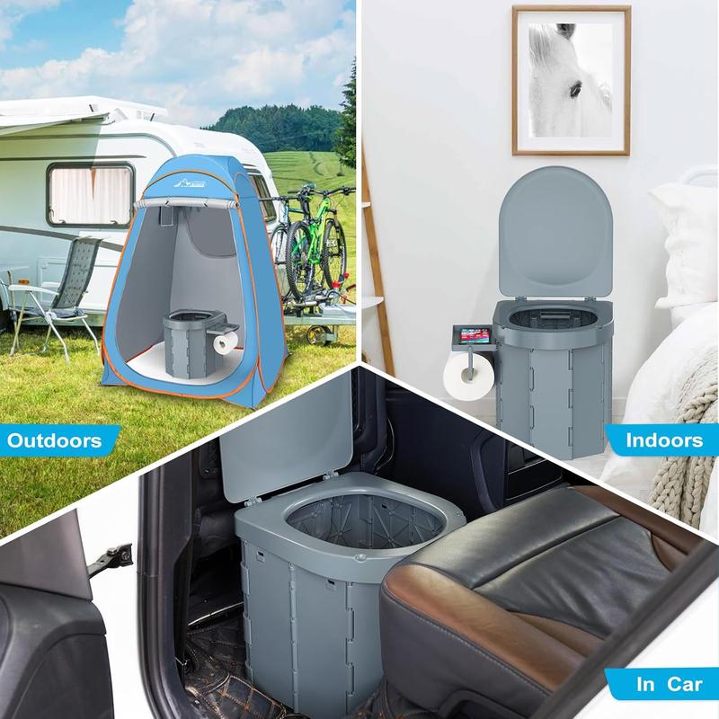 Portable Camping Toilet, Foldable Toilet for Adults with Detachable Phone Shelf and Toilet Paper Holder, Waterproof Porta Potty with Lid for Camping, Hiking, RV Travel, Road Trips