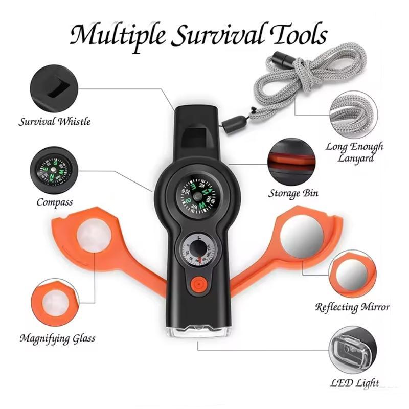 7 in 1 Multifunctional Outdoor Temperature Meter, Emergency Whistle with Lanyard, Safety Compass, Camping Hike Rescue Signal, Survival Whistle, Christmas Gift