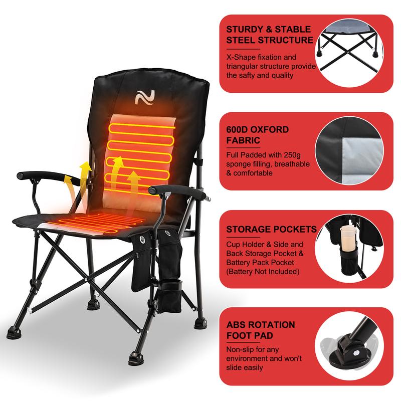 Slsy Heated Camping Chair, Oversized Portable Camping Chairs Heated Chair Padded Camp Chair, Outdoor Folding Chairs Sports Chair Lawn Chairs Beach Chair portable folding