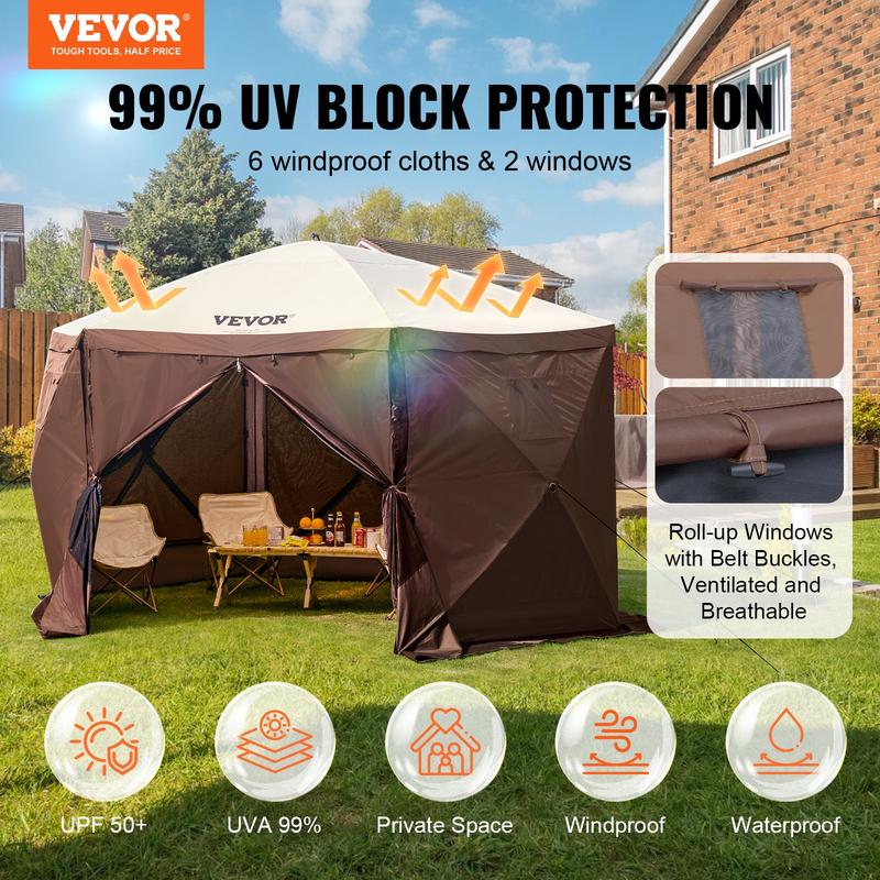 VEVOR Pop Up Gazebo Tent, Pop-Up Screen Tent 6 Sided Canopy Sun Shelter with 6 Removable Privacy Wind Cloths & Mesh Windows, 12.5x12.5FT Quick Set Screen Tent with Mosquito Netting