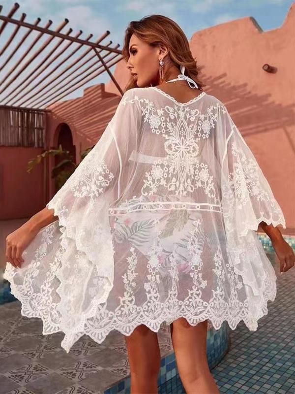 Women's Embroidery Sheer Scallop Trim Cover Up, Casual Drop Shoulder 3 4 Sleeve Cover Up For Summer, Fashion Women's Swimwear For Beach Holiday