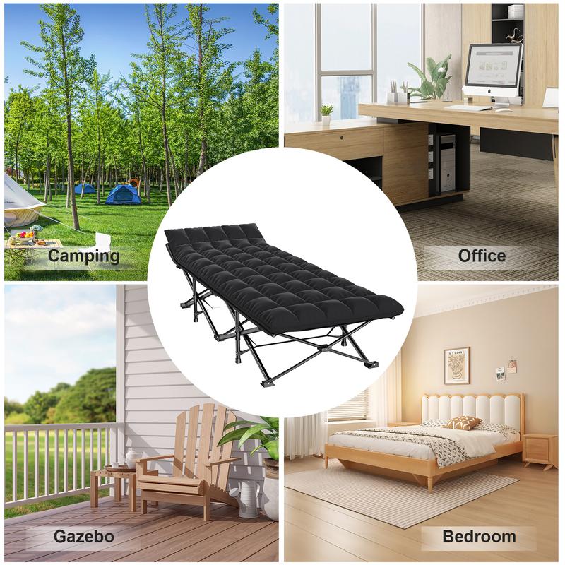 Foldable camping bed with mattress black, up to 500 lbs, camping bed for sleeping, camping bed for adults, portable travel camping mattress for home office beach garden fishing, XXL