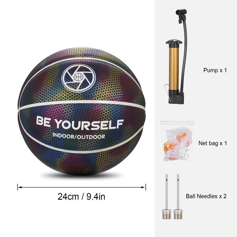 Holographic Reflective Basketball, 1 Set Glowing Luminous Indoor Outdoor Leather Basketball with Pump & Net & Ball Needles, Gift for Boys Girls Men Women