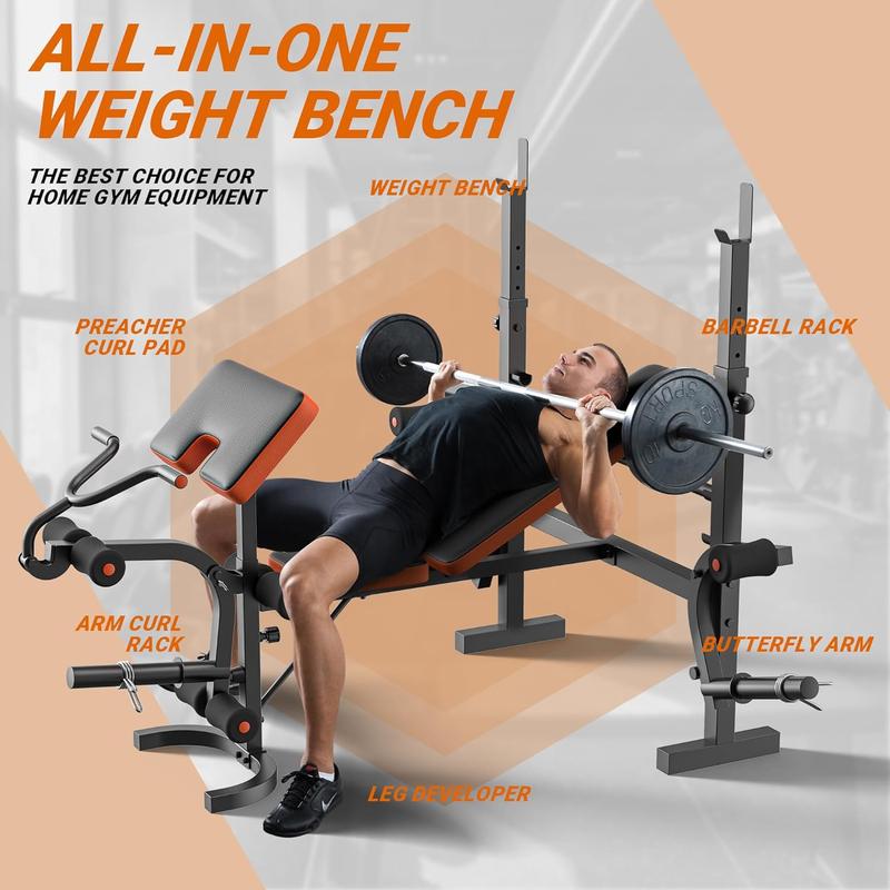 Weight Bench, Bench Press Set with Leg Extension No Weight Plates Included, 6 in 1 Olympic Weight Bench for Home Gym, Adjustable Workout Bench with Rack & Preacher Pad, Full Body Flat Incline Bench for Weight Lifting