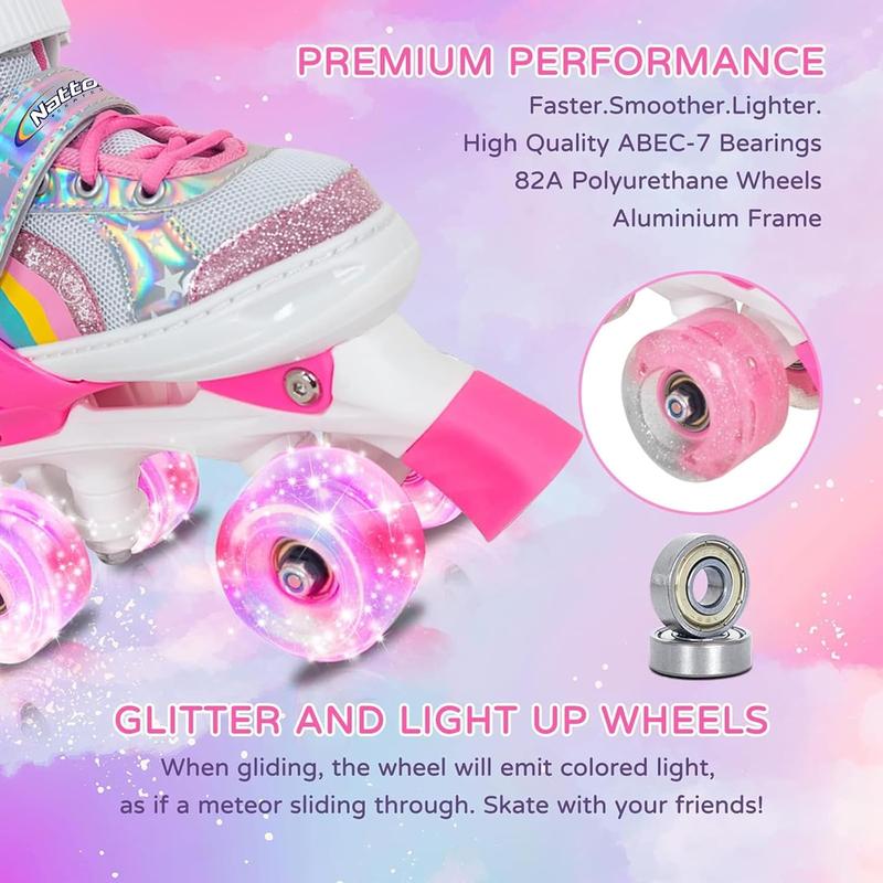 Girls Roller Skates for , 4 Size Adjustable Rainbow Quad Skates with All Light Up Wheels -  Birthday Gift for Outdoor