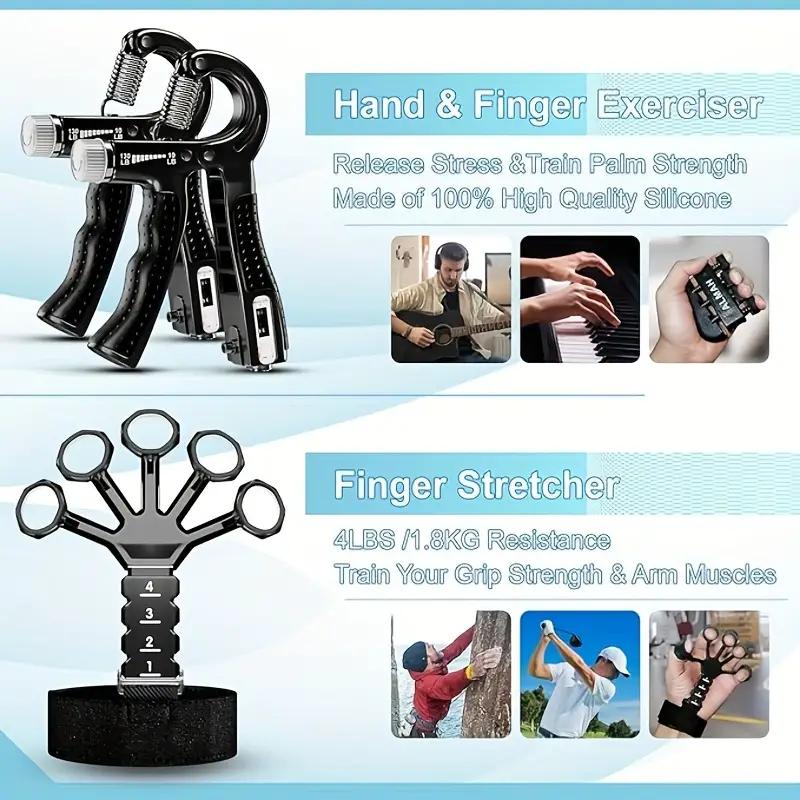 Grip Trainer (5 pieces) with finger exerciser, hand grip strengthener, finger stretcher, grip ring and elastic ball for muscle building and injury recovery with tote bag