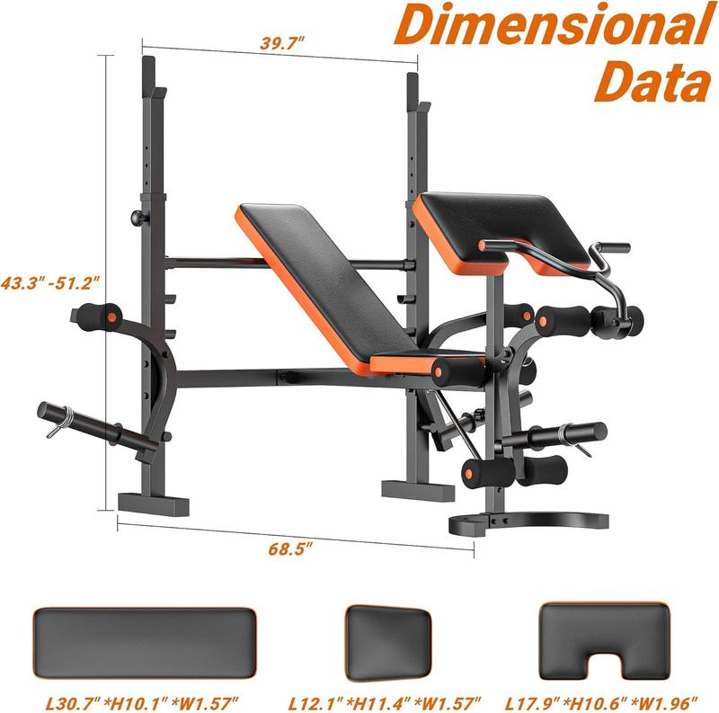 Weight Bench, Bench Press Set with Leg Extension No Weight Plates Included, 6 in 1 Olympic Weight Bench for Home Gym, Adjustable Workout Bench with Rack & Preacher Pad, Full Body Flat Incline Bench for Weight Lifting