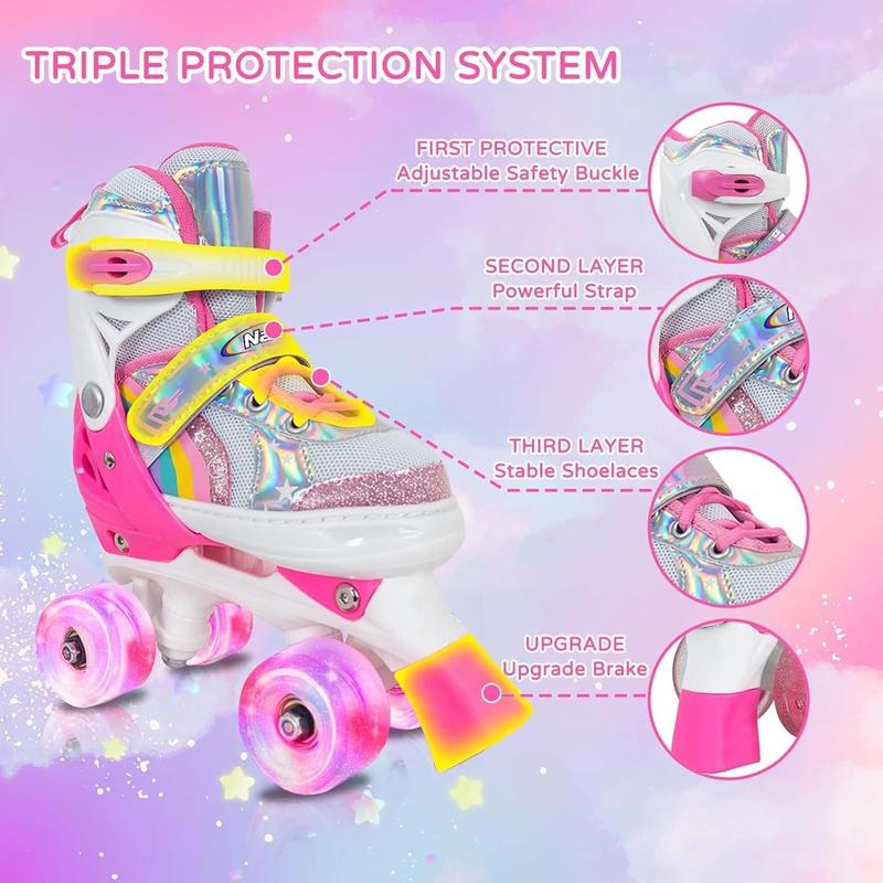 Girls Roller Skates for , 4 Size Adjustable Rainbow Quad Skates with All Light Up Wheels -  Birthday Gift for Outdoor