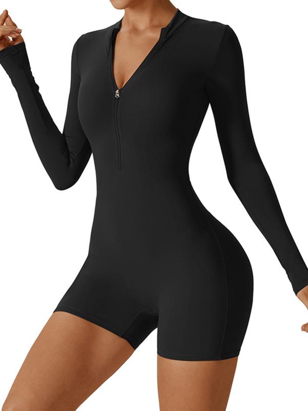 Women's Solid Color Zip Up Round Neck Sports Romper, Long Sleeve Bodycon Jumpsuit for Yoga Gym Workout, Ladies Sportswear for All Seasons