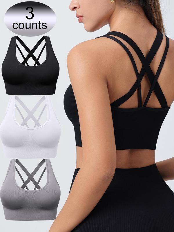 Women's Solid Criss Cross Wireless Sports Bra, Sports Bra for Women, Breathable Comfortable Detachable Chest Pad Sports Bra for Yoga Gym Workout, Ladies Sportswear Clothing for All Seasons Top