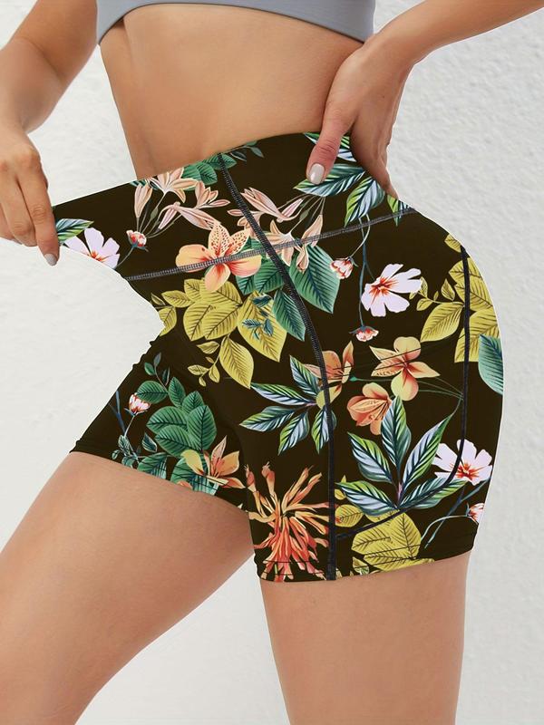 Sporty Women's Floral & Leaf Print Pocket High Waist Sports Skinny Gym Shorts, Casual Comfy Breathable High Stretch Seamless Short Leggings for Yoga Gym Workout Running, Ladies Sportswear