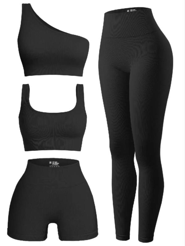 Four-Piece Set Women's Solid One Shoulder Crop Tank Top & High Waist Leggings & Bra & Shorts Set, High Stretch Seamless Tracksuits Set, Sports Outfits, Workout Gym Yoga Exercise Clothes Set, Back to School Outfits, Tracksuits for Women