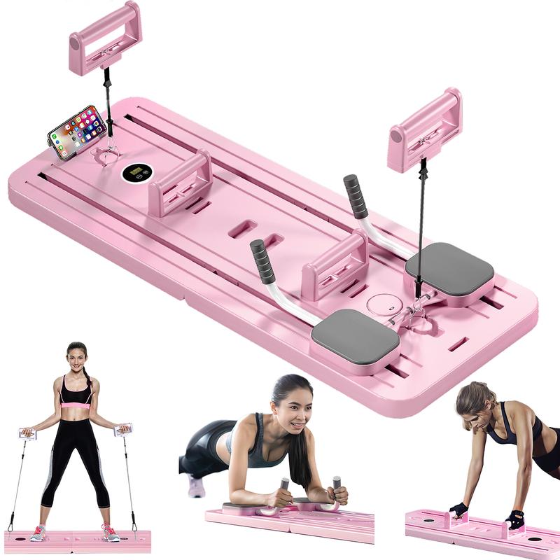 Foldable Pilates reformer board for home workouts, 5-in-1 multifunctional portable core and abdominal exercise machine with adjustable resistance, compact and convenient, comes with timer and phone holder, workout storage