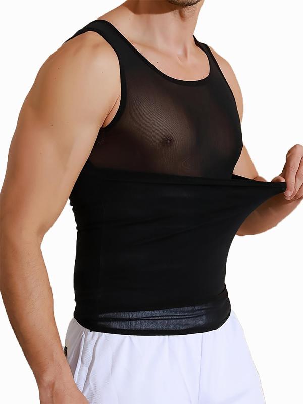 Sporty Men's Plain Adjustable Hooks Round Neck Sheer Sports Vest, Breathable Quick Drying Sports Compression Tank Top, Running Vest, Tummy Control Shaper for Men