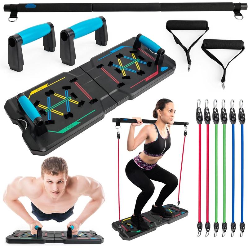 Push Up Board and Pilates Bar Kit - Color Coded Foldable Pushup Board Fitness Tool - Reinforced Aluminum Resistance Band Bar - At Home Gym Accessories for Men and Women - Portable Gym