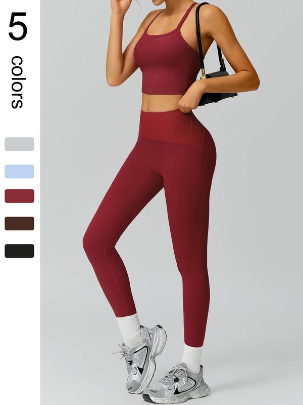 Women's Solid Backless Crop Cami Top & High Waist Leggings Ribbed Sports Set, Sporty Casual Breathable Comfortable Two-piece Outfits for Yoga Gym Workout Running, Ladies Sportswear for All Seasons