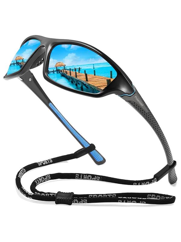 Men's Sporty Patchwork Design Sunglasses, 1 Pair Trendy Casual Sunglasses with Anti-slip Rope, Outdoor Sports Sunglasses for Cycling, Fishing, Climbing