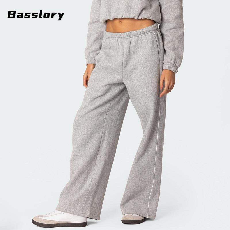 Women's Fall Sweatpants White Trim Elastic Waist Loose Sports Trousers with Pockets