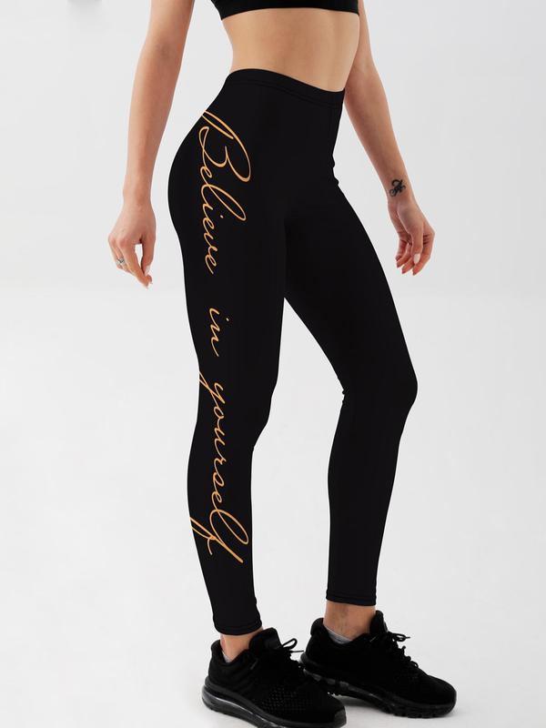 Women's Letter Print High Waist Sports Leggings, Sporty Wide Waistband Skinny Pants, Workout Clothes Women, Gym Outfits Women, Summer Sports Bottoms